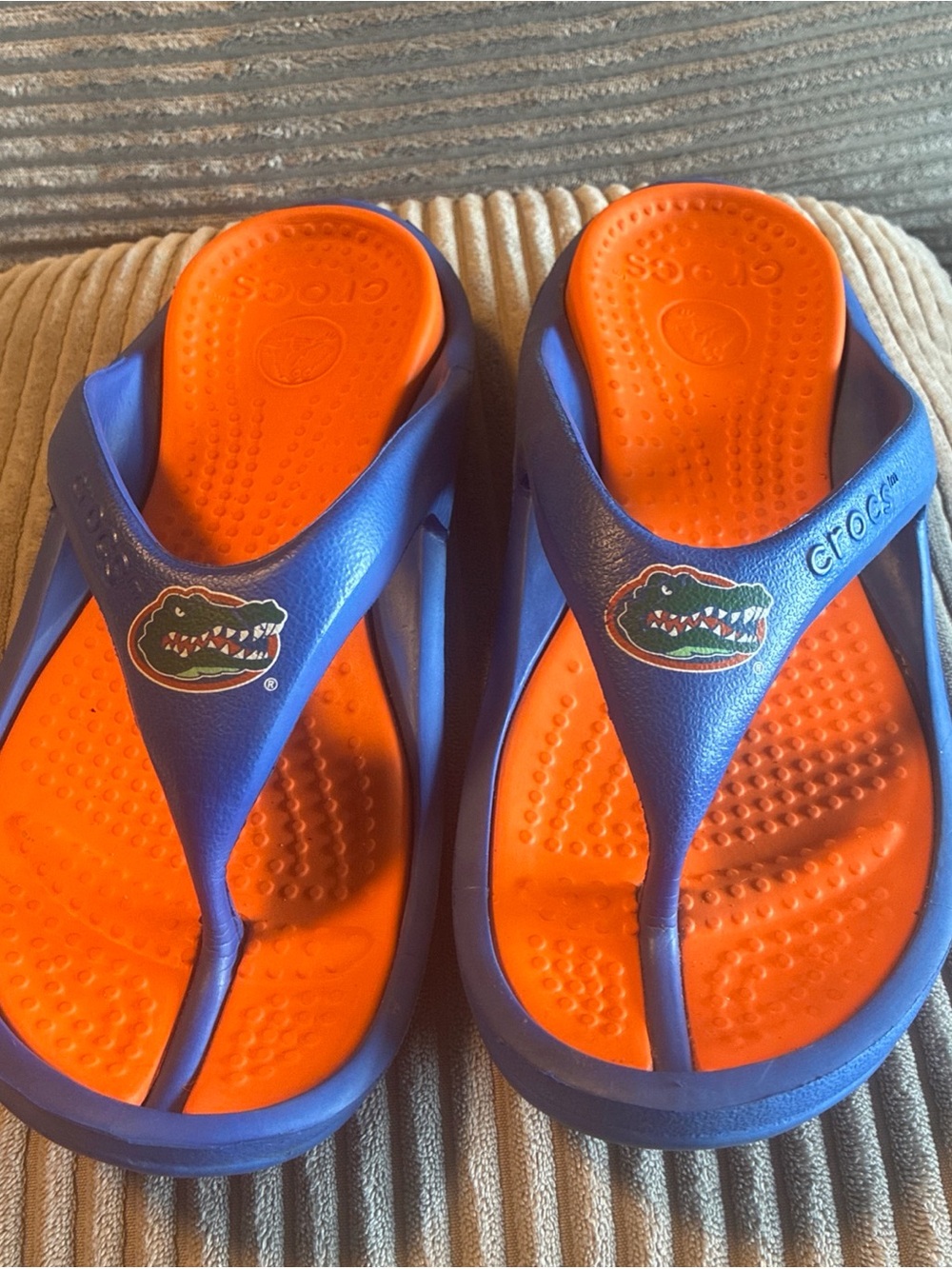 CROCS Kids Blue and Orange Gator Logo Flip Sandals